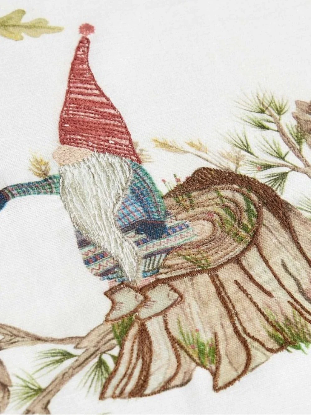 Pottery Barn Embroidered Gnome Table Throw - White with Red and Brown Accents